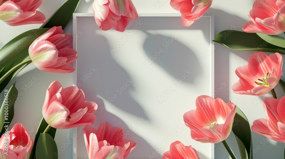 Obraz premium Pink Tulips Frame Mockup - Floral Background