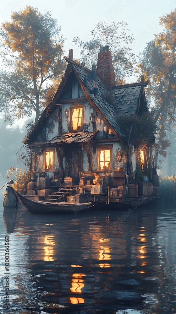 Fototapeta premium Contemporary house floating above the glassy surface of the river photo