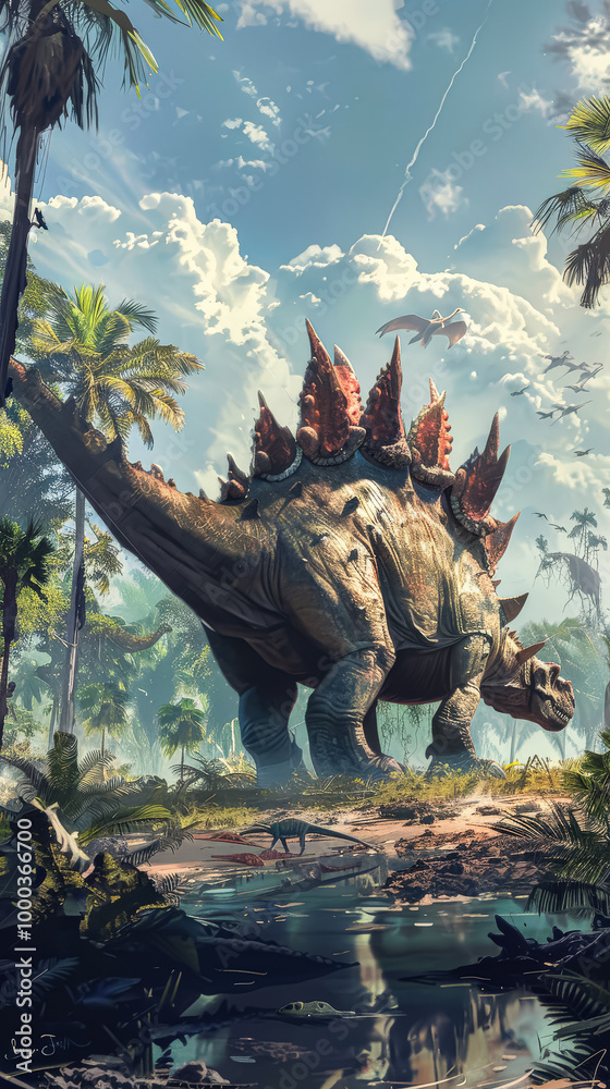 Fototapeta premium Dinosaur is walking through a jungle with a bird flying above it. The dinosaur is a large, long necked creature with a long tail. The jungle is lush and green, with trees and plants all around