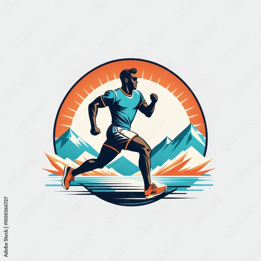 Fototapeta premium A stylized illustration of a runner in a mountainous landscape with a sunrise backdrop.