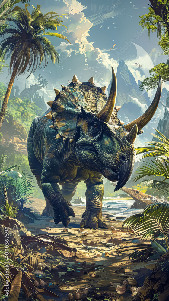 Fototapeta premium Large dinosaur with a horn on its head is walking through a jungle. The scene is full of life and energy, with birds flying overhead and trees surrounding the dinosaur