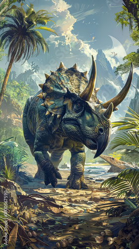 Large dinosaur with a horn on its head is walking through a jungle. The scene is full of life and energy, with birds flying overhead and trees surrounding the dinosaur