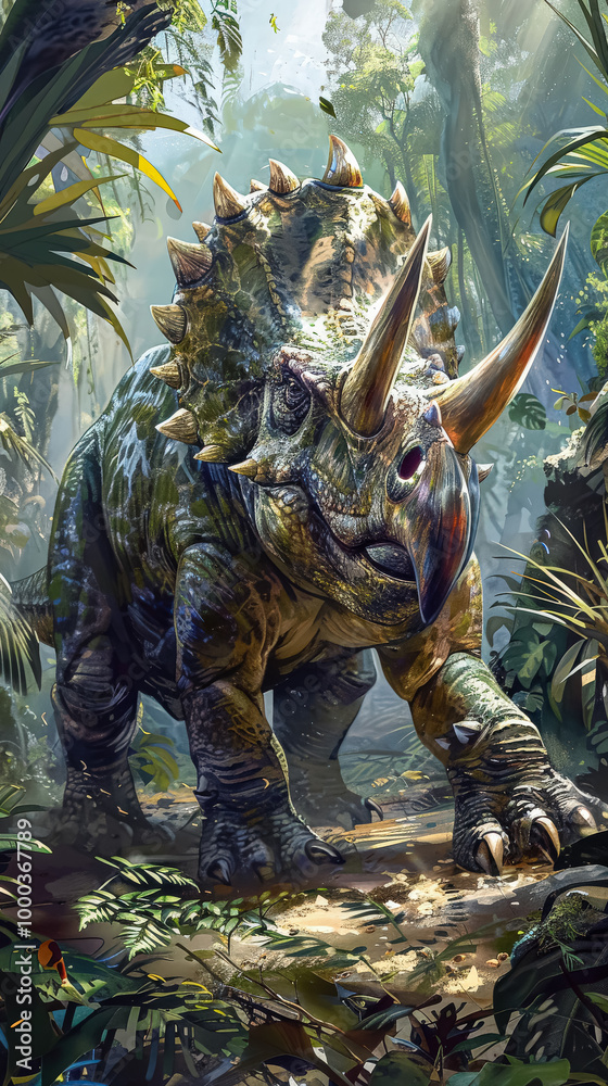 Fototapeta premium Large dinosaur with a horn on its head is walking through a jungle. The scene is full of life and energy, with birds flying overhead and trees surrounding the dinosaur