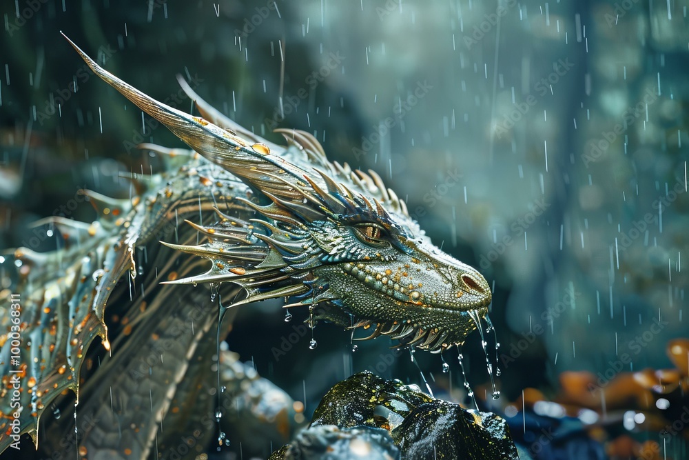 Majestic dragon is taking shelter from the rain in a lush forest Majestic dragon is taking shelter from the rain in a lush forest