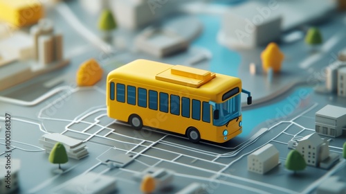 A miniature yellow bus driving on a model city map.