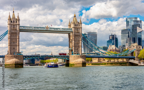 Tower bridge over Thames river and City of London skyscrapers, UK