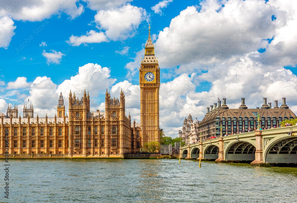 Big Ben with Houses of Parliament and Westminster bridge, London, UK