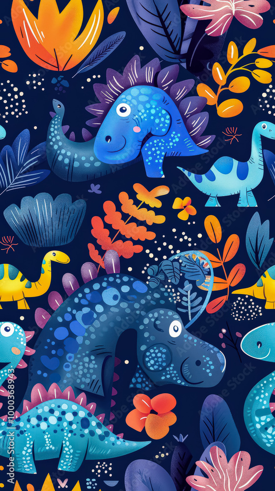 Blue and orange dinosaur patterned background with a group of dinosaurs in the foreground. The dinosaurs are all different colors and sizes, and they are all smiling Blue and orange dinosaur patterned background with a group of dinosaurs in the foreground. The dinosaurs are all different colors and sizes, and they are all smiling