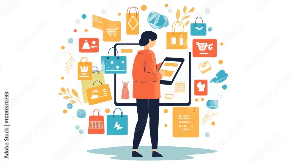 Bold and minimal flat design featuring a person shopping on a tablet with sale icons and product images floating around, bright and clean aesthetic. Black Friday