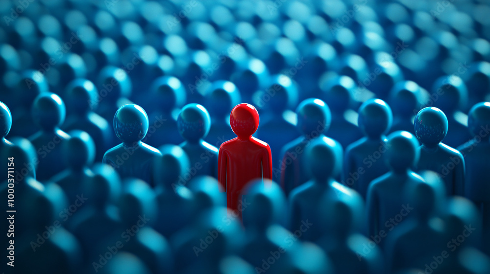 Fototapeta premium In a sea of blue, a red figure represents uniqueness, courage, and inclusion in society. This 3d render symbolizes diversity and individuality