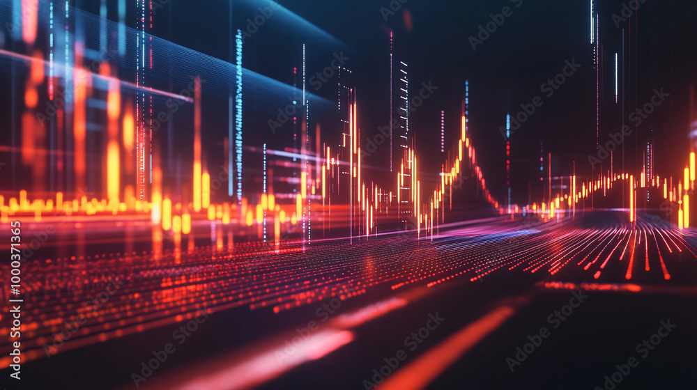 Stock market ticker with illuminated trails indicating data transmission and increasing trends Stock market ticker with illuminated trails indicating data transmission and increasing trends