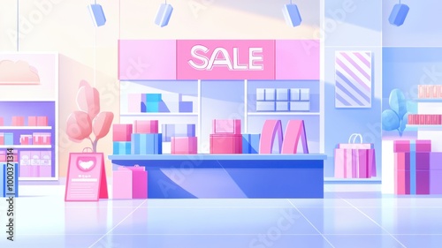 Sleek and minimalistic store display with sale items neatly arranged, large bold SALE signs above, vibrant flat design for modern retail. Black Friday