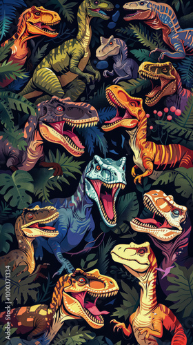 Poster of dinosaurs with a jungle background. The poster is black and white and has a lot of detail