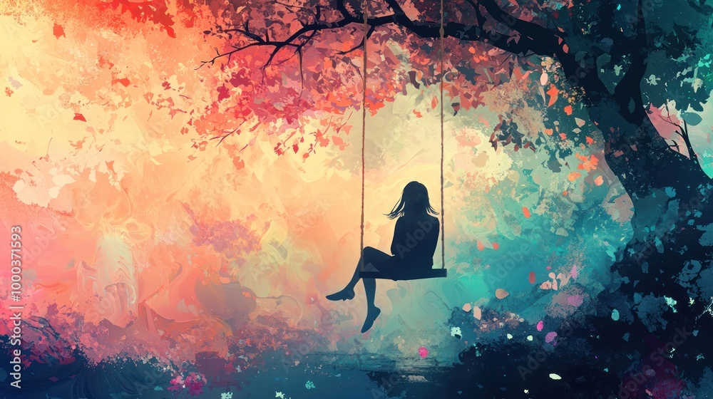 A digital illustration of a person sitting on a swing hanging from a tree, with a peaceful smile, surrounded by abstract, calming colors. A digital illustration of a person sitting on a swing hanging from a tree, with a peaceful smile, surrounded by abstract, calming colors.