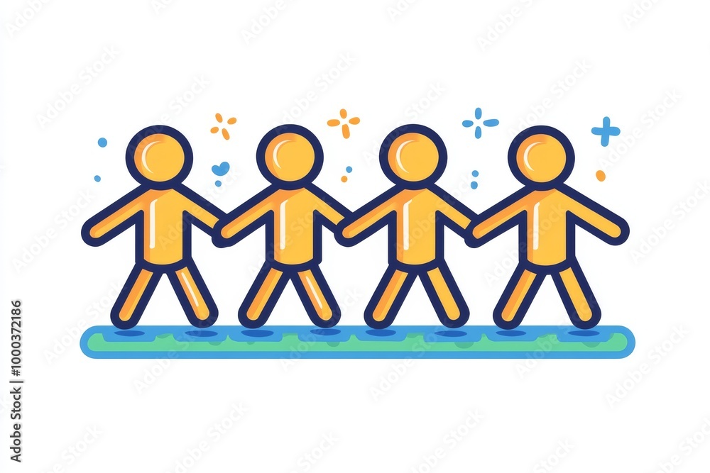Flat style illustration of four stick figures holding hands symbolizing teamwork unity and collaboration through a simple and playful design Flat style illustration of four stick figures holding hands symbolizing teamwork unity and collaboration through a simple and playful design
