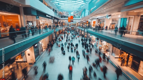 Black Friday shopping mall with large sale banners, shoppers holding bags, wide-angle shot showcasing the dynamic and energetic scene. Black Friday