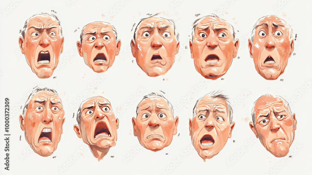 Illustrate a series of human faces each showing different emotions or expressions. This can represent the various aspects of human experience and the complexity of emotional responses Illustrate a series of human faces each showing different emotions or expressions. This can represent the various aspects of human experience and the complexity of emotional responses