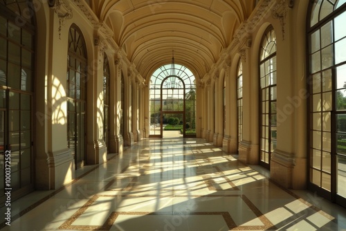 Elegant hallway with marble floor bathed in sunlight streaming through arched windows