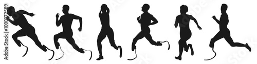 Collection of disabled athletes.Silhouettes of running people.Adaptive sports concept.Side view.Vector illustration of men and women running.