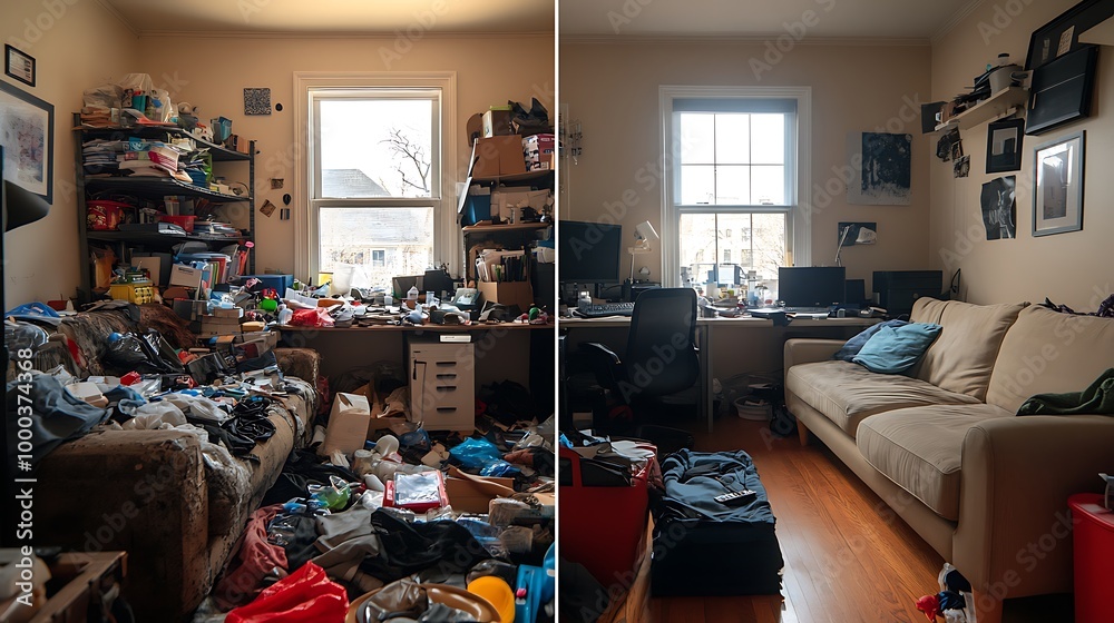 Obraz premium Person cleaning up messy home office living room showing difference before and after tidy up