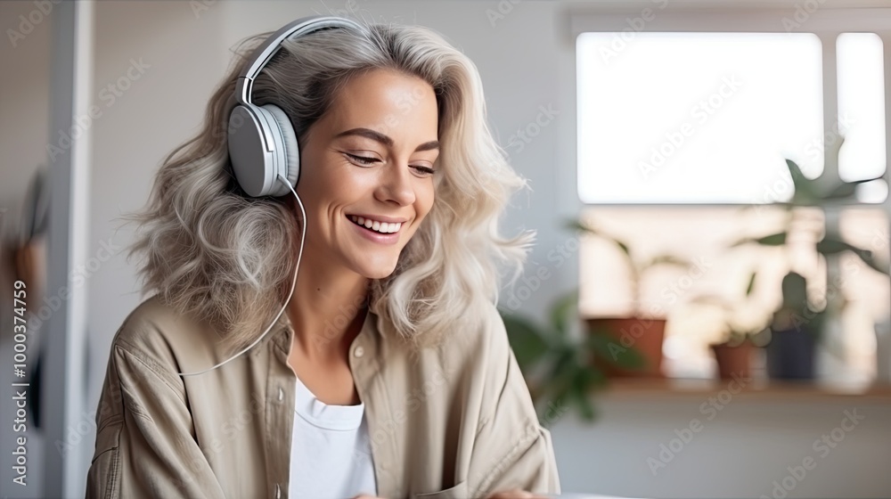 Naklejka premium Beautiful happy senior woman with grey hair, using smartphone phone at home