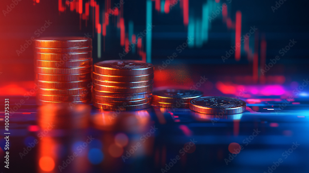Bitcoin cryptocurrency coins stacked on a computer keyboard reflecting a stock market chart showing market growth in a bull market Bitcoin cryptocurrency coins stacked on a computer keyboard reflecting a stock market chart showing market growth in a bull market