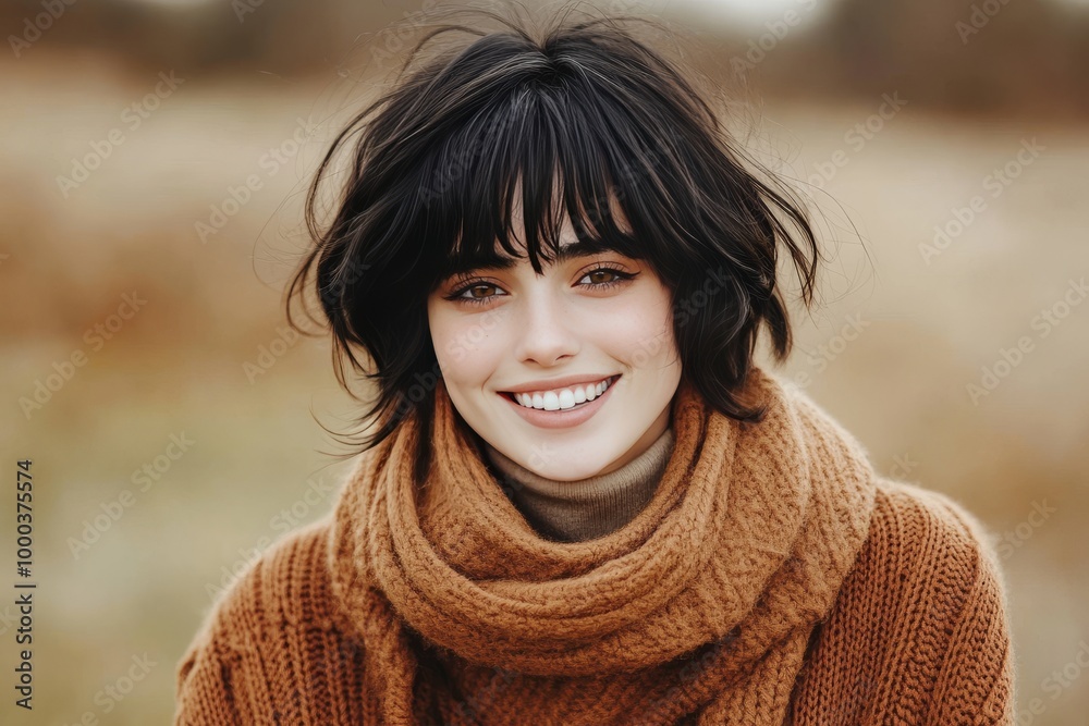 Portrait of a young woman with short black hair wearing a warm brown sweater smiling confidently in an outdoor autumn setting with soft lighting