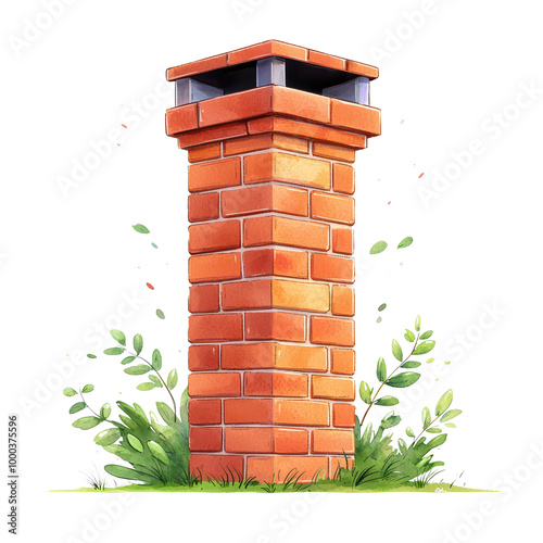 Brick chimney with foliage isolated on transparent background. photo