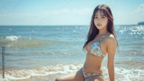 Beautiful young Asian woman on the tropical ocean beach on sunny day. Happy female tourist at the seaside on summer vacation