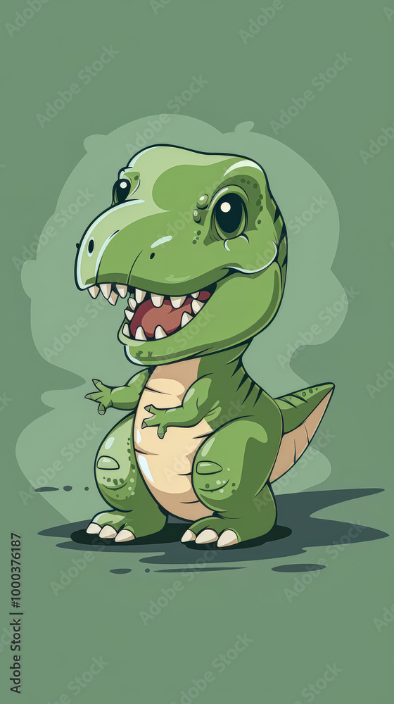 Fototapeta premium Cartoon dinosaur is smiling and has its mouth open. The dinosaur is green and has a happy expression