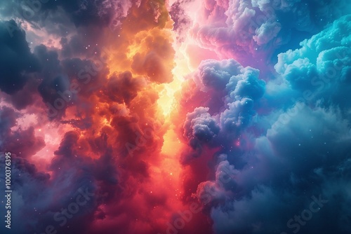 Majestic explosion of vibrant colors in the sky, showcasing a surreal and ethereal cloudscape with intense hues of orange, pink, and blue in an abstract display of nature's beauty.