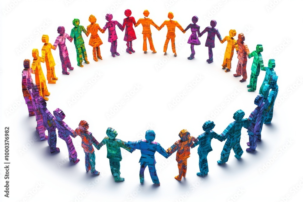 3D illustration of diverse figures holding hands in a large circle symbolizing community teamwork and global unity through a colorful and inclusive design 3D illustration of diverse figures holding hands in a large circle symbolizing community teamwork and global unity through a colorful and inclusive design
