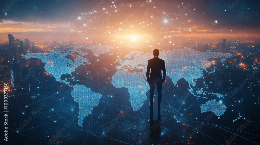 Fototapeta premium Businessman looking at a global business and technology connection with world map and city background at night