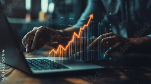 Businessman using laptop to analyze financial data with rising arrow, finance and business concept