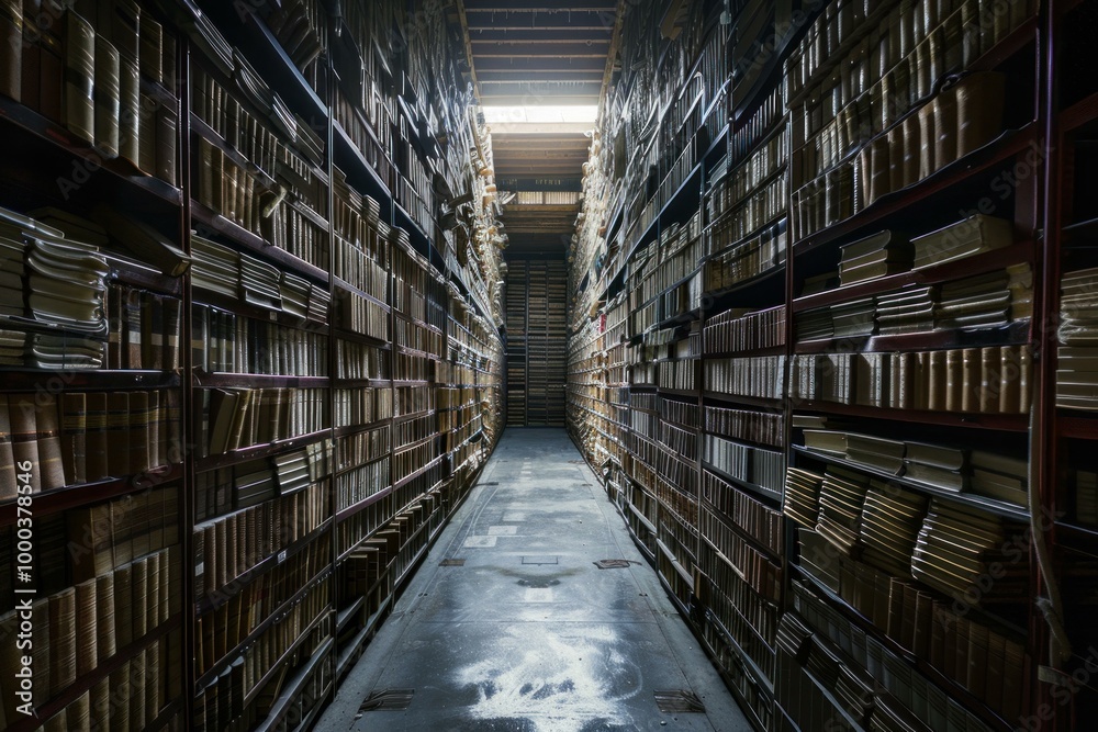 Long narrow passageway filled with bookshelves holding dusty books is illuminated by a shaft of light from a window at the end
