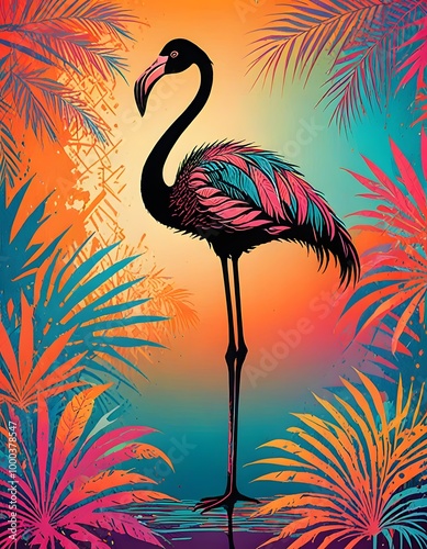 A stylized silhouette of a flamingo, filled with intricate geometric patterns with a gradient of tropical colors.