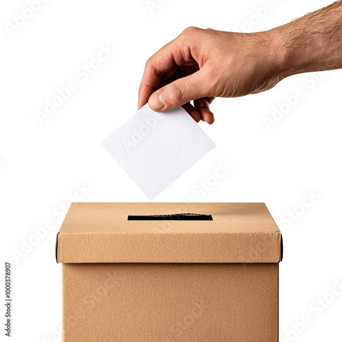 Hand inserting a ballot into a voting box isolated on transparent background.