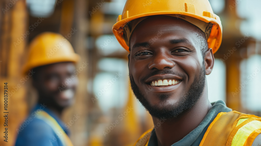 Two black construction workers smiling at the camera, wearing yellow safety helmets at work. African-American workers on the construction site during the daytime, closeup portrait view. Two black construction workers smiling at the camera, wearing yellow safety helmets at work. African-American workers on the construction site during the daytime, closeup portrait view.