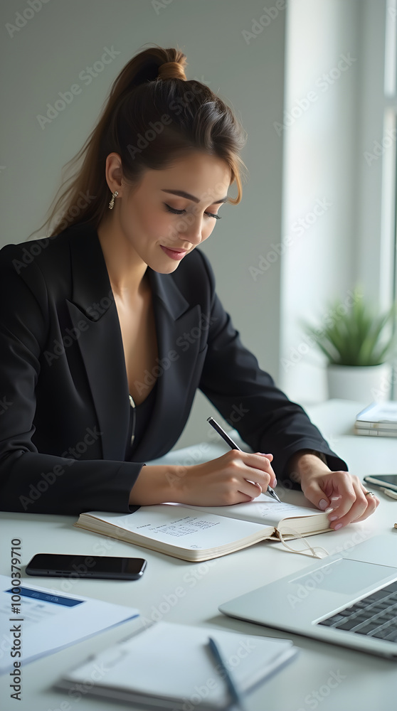 Businesswoman Working at Desk in Modern Office Businesswoman Working at Desk in Modern Office