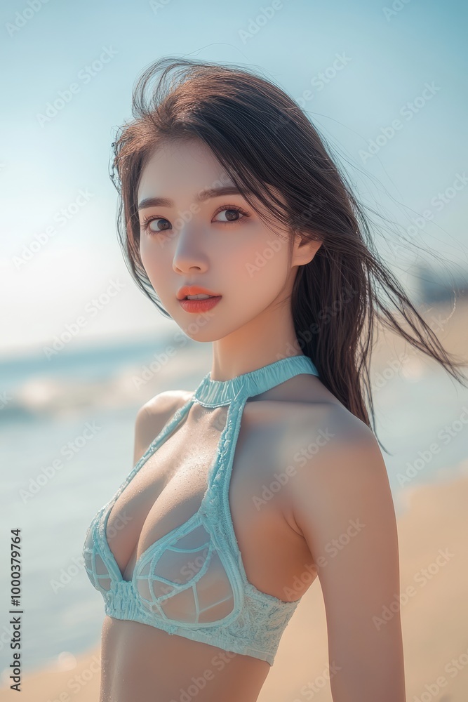 Portrait of a beautiful young Asian woman on the tropical ocean beach on sunny day. Happy female tourist at the seaside on summer vacation Portrait of a beautiful young Asian woman on the tropical ocean beach on sunny day. Happy female tourist at the seaside on summer vacation
