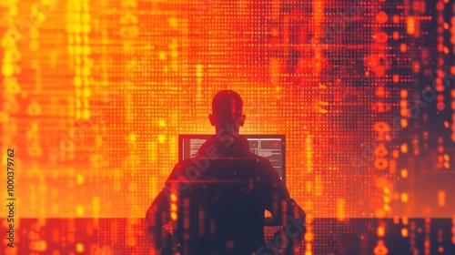 A backlit coder working on a computer, illuminated by intense red and orange binary code. The digital overlay and dark silhouette create a futuristic atmosphere, emphasizing cybersecurity, data, and