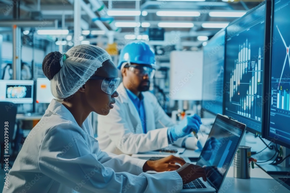 Two scientists work on laptops in a lab, analyzing data with large screens displaying graphs and charts, highlighting a modern research environment. Two scientists work on laptops in a lab, analyzing data with large screens displaying graphs and charts, highlighting a modern research environment.