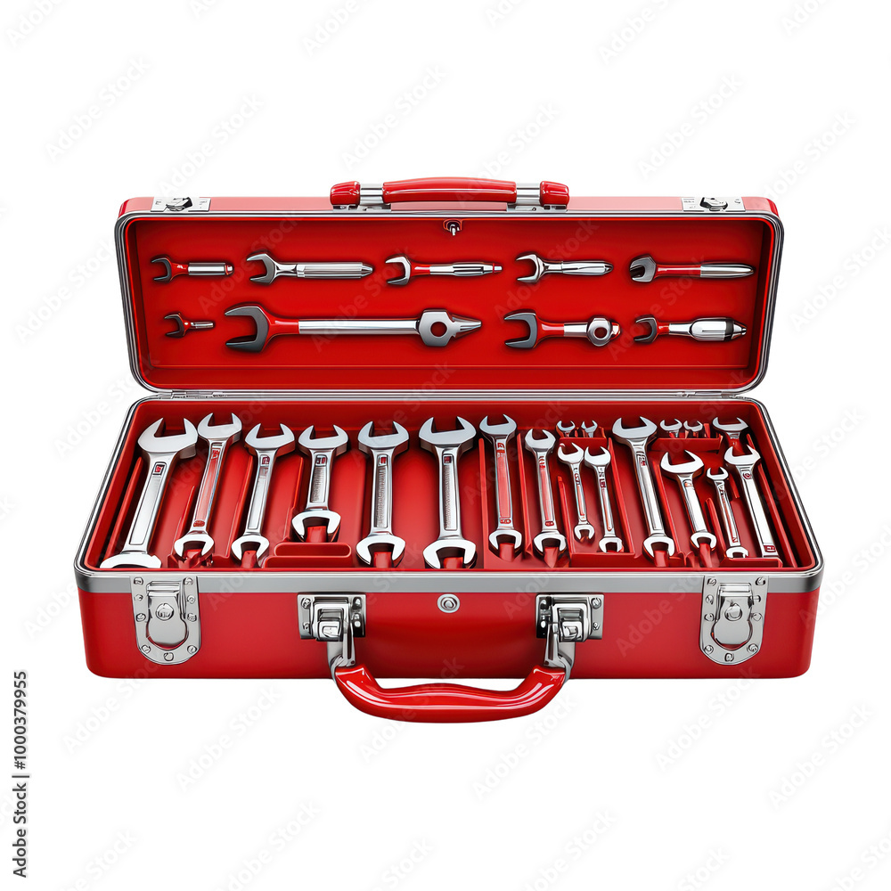 Red toolbox with various wrenches isolated on transparent background. Red toolbox with various wrenches isolated on transparent background.