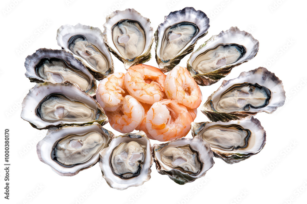 Shrimp and oysters arranged beautifully in a circular pattern isolated on transparent background. Shrimp and oysters arranged beautifully in a circular pattern isolated on transparent background.
