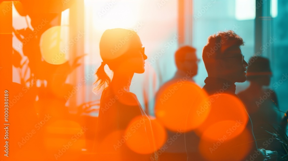 A creative and abstract image of people in silhouettes, bathed in vivid orange light at a business event. The bold lighting and abstract composition evoke a dynamic and modern atmosphere of innovation