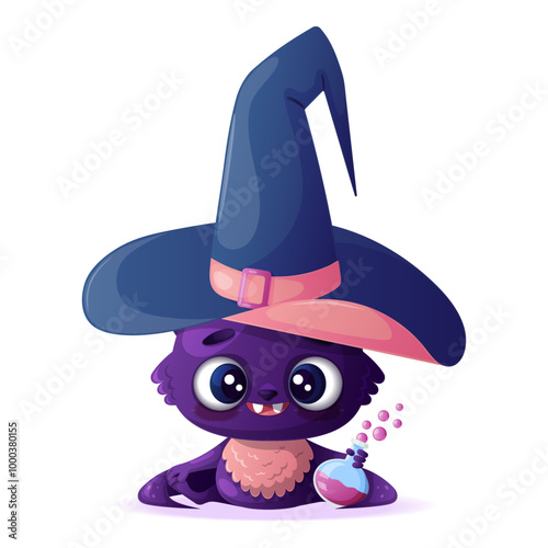 A cute, happily smiling purple bat in a pointed hat with a bottle of potion. Charming funny animal with cartoon vector illustration on white background