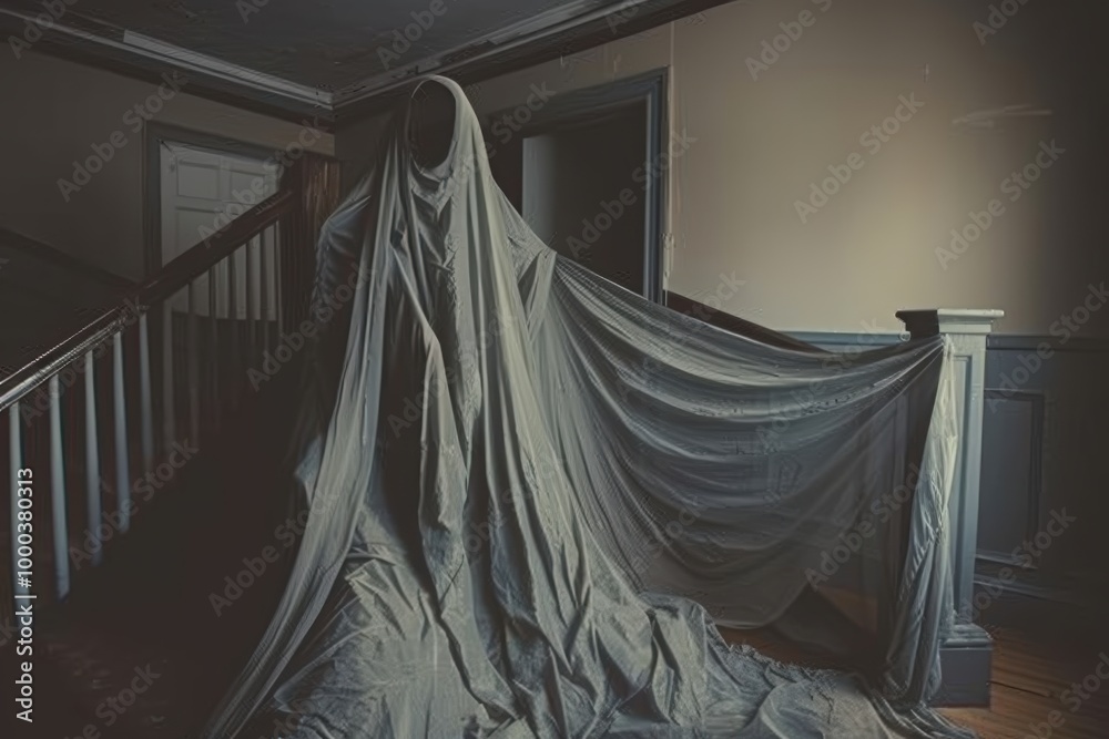 Fine fabric draped over a ghostly figure haunting an haunted mansion, horror theme