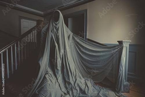 Obraz na płótnie Fine fabric draped over a ghostly figure haunting an haunted mansion, horror theme w salonie