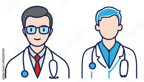 Two illustrations of male doctors in a minimalist line art style with blue accents. 