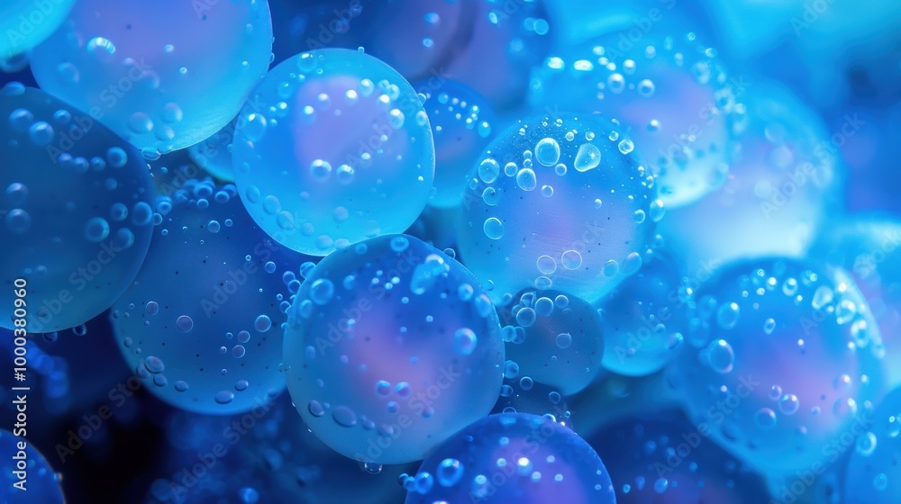 An abstract image featuring clusters of translucent bubbles in shades of blue and purple, creating a mesmerizing underwater effect